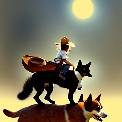 Image similar to tiny cat girl in cowboy hat riding on the back of a giant corgi by greg rutkowski