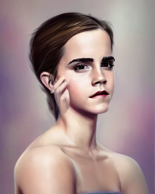 Image similar to detailed digital painting of a emma watson, half body portrait, chinese artwork, soft brushstrokes, pale skin, subsurface scattering, warm lighting