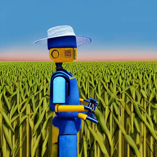 Image similar to a photo of farming droid wearing a straw hat blue overalls in the corn field, robots, humanoid, chappie, farming, photorealistic, 8 k