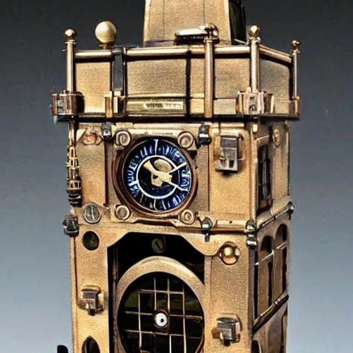 Image similar to a steampunk robotic clock tower, super - detailed, photo - realistic,