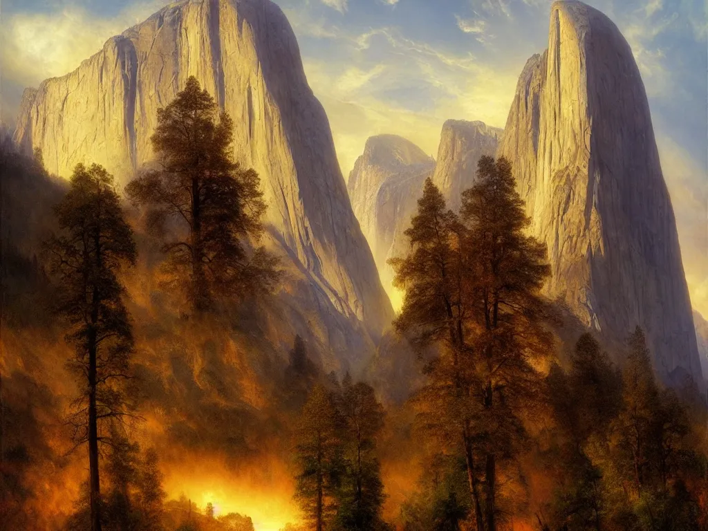 Prompt: el capitan in yosemite a beautiful matte painting trending on artstation by thomas moran and james gurney and thomas kincade, hyperdetailed