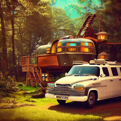 Prompt: islandpunk vintage airstream combined with a treehouse, fine art, digital painting, cinematic lighting, hyperdetailed, photorealistic, 8k, high resolution, vibrant colors, insanely detailed and intricate, ray tracing, award winning, featured in artstation, octane render