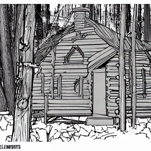 Prompt: a Illustration of a Eerie cabin in the middle of the woods in the style of blueprints