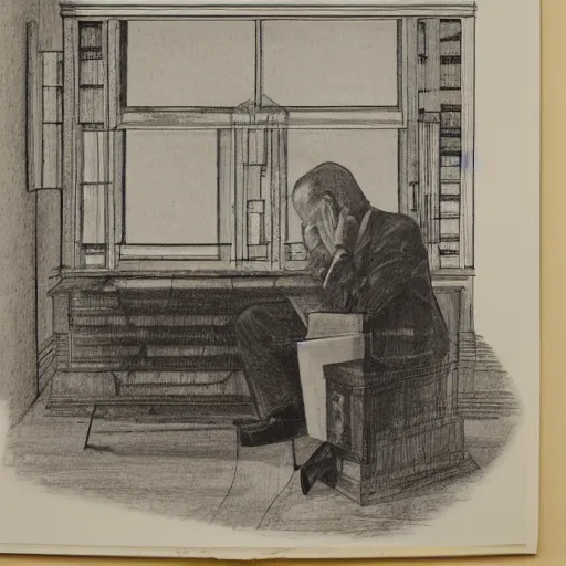 Image similar to an architectural drawing of the portrait of an exhausted architect