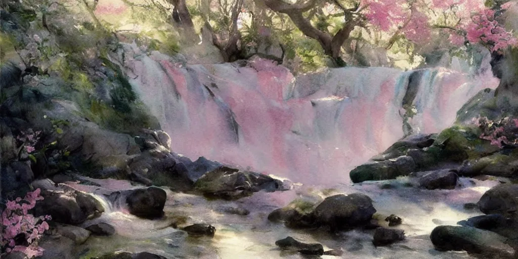 Prompt: abstract watercolor painting of wild waterfall, oak trees, rocky shore, sunshine, pastel!! pink accents, art by anders zorn, wonderful masterpiece by greg rutkowski, very very very beautiful cinematic light, american romanticism by greg manchess, creation by tyler edlin