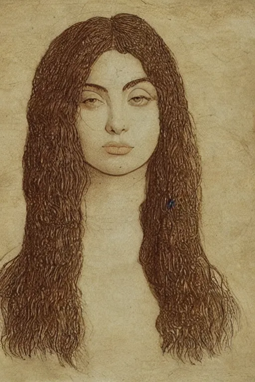 Image similar to a portrait of charli xcx in the style of leonardo da vinci drawing,, single head, no double head,