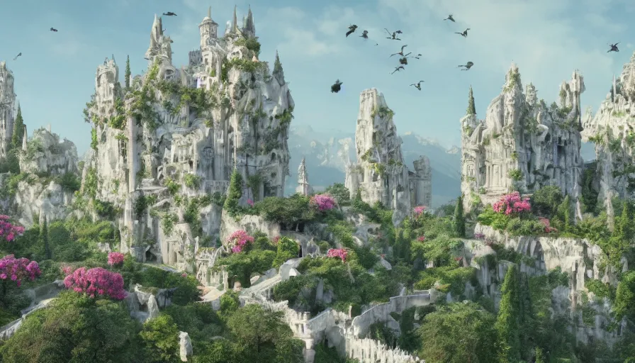 Image similar to marble manor with columns built in flowery mountains with birds in the sky, giant castle in the mountain in the background, hyperdetailed, artstation, cgsociety, 8 k