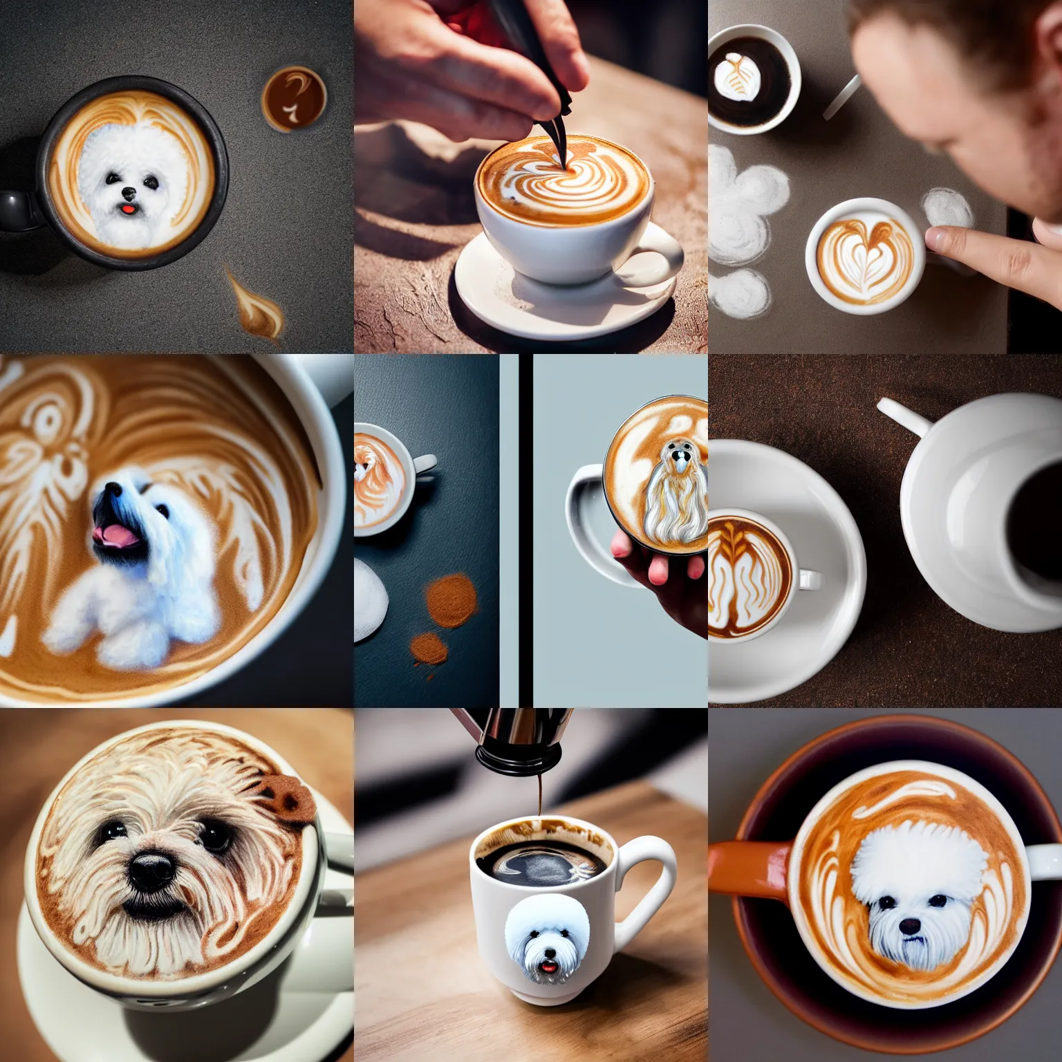 Image similar to a closeup photorealistic photograph of barista drawing bichon frise shaped latte art in a cup. professional capture, well lit shot. this 4 k hd image is trending on artstation, featured on behance, well - rendered, extra crisp, features intricate detail, epic composition and the style of unreal engine.