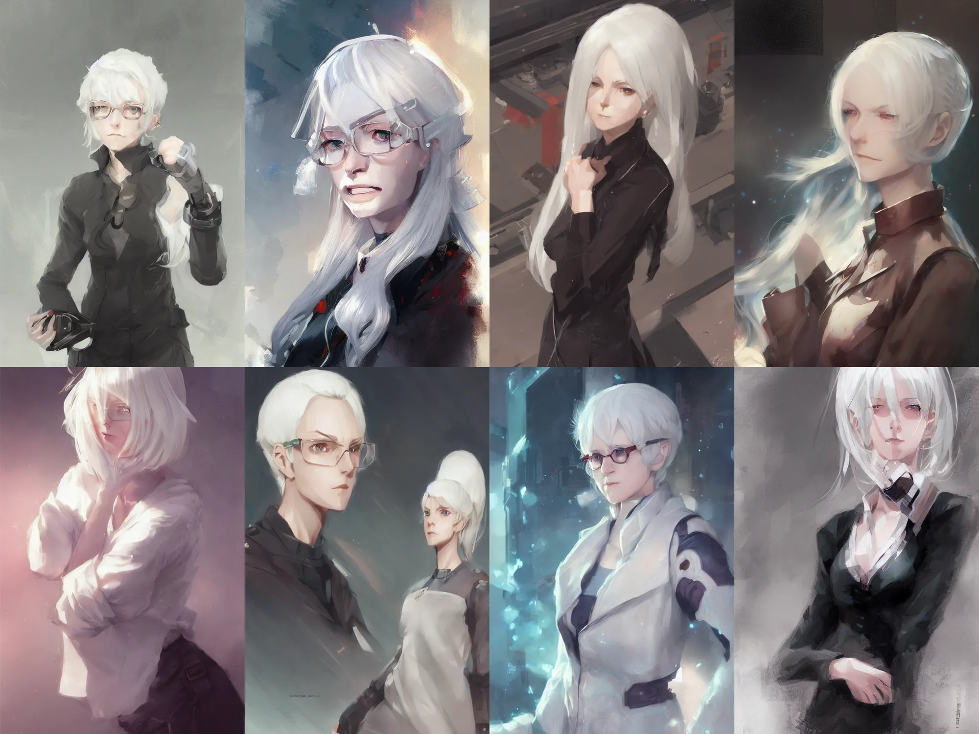 Prompt: a portrait of a white haired android scientist girl by krenz cushart