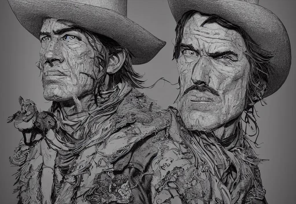 Image similar to handmade illustration of an archetypical Old West cowboy, male, detailed face, anatomically correct, line art!!, ink, watercolor by Kilian Eng and by Jake Parker, winning-award masterpiece, fantastic, octane render, 8K HD Resolution, High quality image