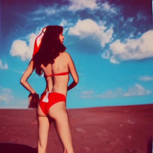 Prompt: vintage polaroid of a woman in a bikini on the surface of the moon landing, detailed clouds, warm azure tones, red color bleed, film grain