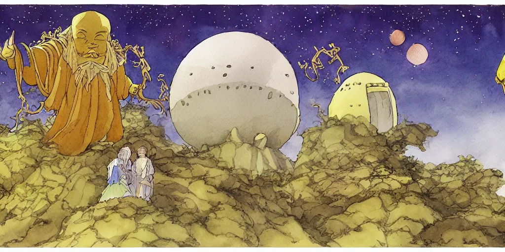 Image similar to a hyperrealist studio ghibli watercolor fantasy concept art of a giant chinese god and a small grey alien with a yellow robe in stonehenge in the early morning. a giant gold ufo is floating in the air. by rebecca guay, michael kaluta, charles vess