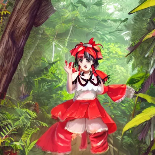 Image similar to an illustration of reimu in the jungle wearing bonnet