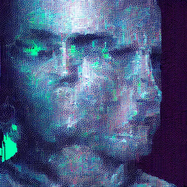 Image similar to Glitch-art portrait of cool cyberpunk hacker in style of John Nelson, realistic