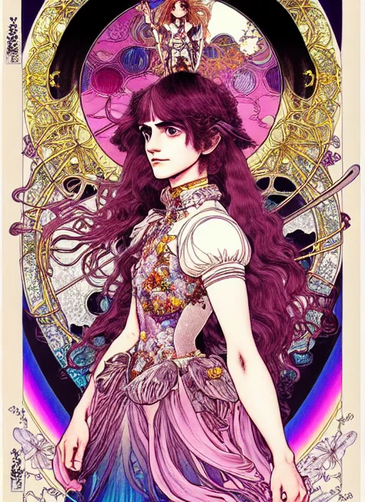 Image similar to highly detailed terada katsuya artstation ayami kojima manga poster of princess emma watson mechine, rainbow gradient reflection, long hair, armor, dress, laces, ruffles, 8 k, maximalist,, jump comics, tomer hanuka, alphonse mucha