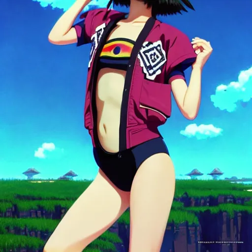 Image similar to beautiful boyish natalie portman gravure model in majora's mask, wearing big mayan bomber jacket with overalls and leotard, big bomber jacket with subtle mayan patterns, aztec bathing suit, gapmoe yandere grimdark, trending on pixiv fanbox, painted by greg rutkowski makoto shinkai takashi takeuchi studio ghibli, akihiko yoshida