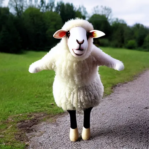 Image similar to a photorealistc sheep character wearing dress, speaking german greetings