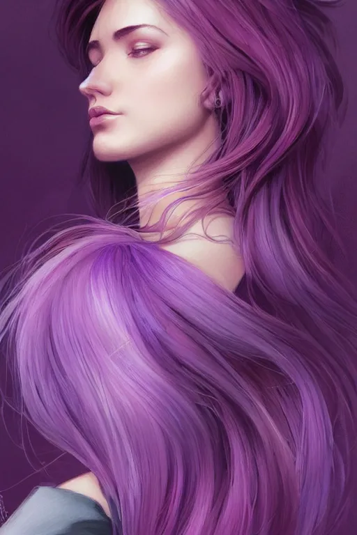 Image similar to Purple hair, creative colouring Portrait of woman face profile, fashion, colored strands of hair, intricate, elegant, highly detailed, digital painting, artstation, concept art, smooth, sharp focus, illustration, art by artgerm and greg rutkowski and alphonse mucha