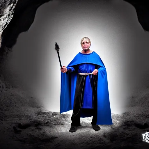 Image similar to a wizard, with a magic staff in his hands and a blue cape around him, inside a cave, he tries to cast a magic spell, but he failed and he frustrated. the background is inside the cave, black and white, mystic, fantasy, magic, award winning photography, hdr, studio lighting medium close shot, mucha style,