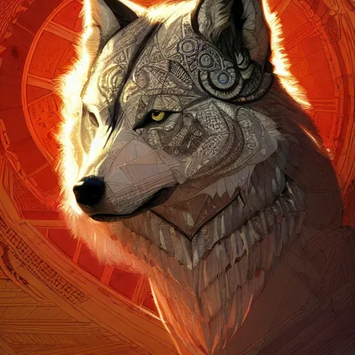 Image similar to Geometric Wolf, intricate, elegant, highly detailed, digital painting, artstation, concept art, smooth, sharp focus, illustration, art by artgerm and greg rutkowski and alphonse mucha