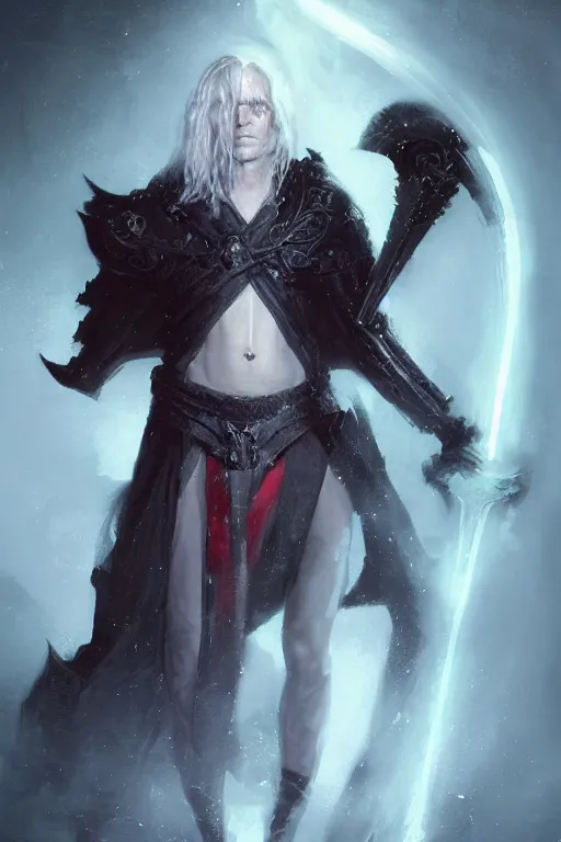 Image similar to 4k HD digital full body portrait of Elric of Melibourne, long white hair, black paper, Long black sword with red glowing runes, by Bastien Deharme, Craig Mullins, Marc Simonetti, trending on Artstation