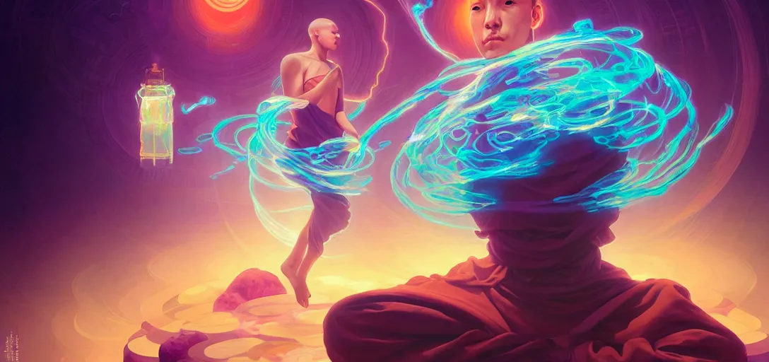 Image similar to a floating monk meditating, channeling swirling energy, wearing netrunner clothing, vaporwave aesthetic, colorful, psychedelic, digital painting, artstation, concept art, smooth, sharp focus, illustration, art by artgerm and greg rutkowski and alphonse mucha