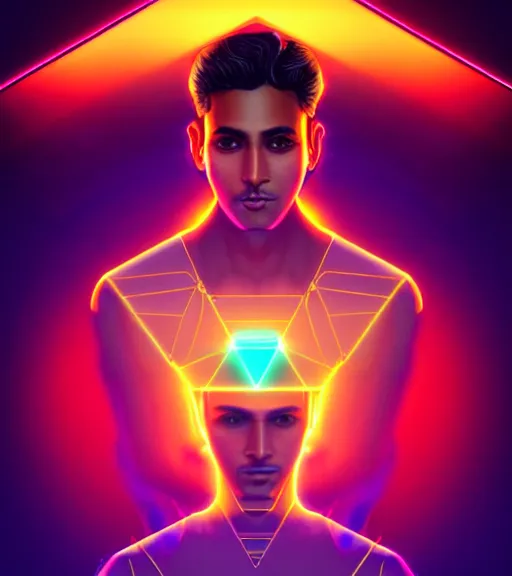 Image similar to symmetry!! indian prince of technology, solid cube of light, hard edges, product render retro - futuristic poster scifi, lasers and neon circuits, brown skin handsome indian prince, intricate, elegant, highly detailed, digital painting, artstation, concept art, smooth, sharp focus, illustration, dreamlike, art by artgerm