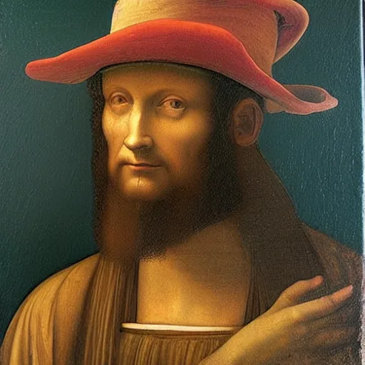 Image similar to an oil painting of a man in a hat, leonardo da vinci style,