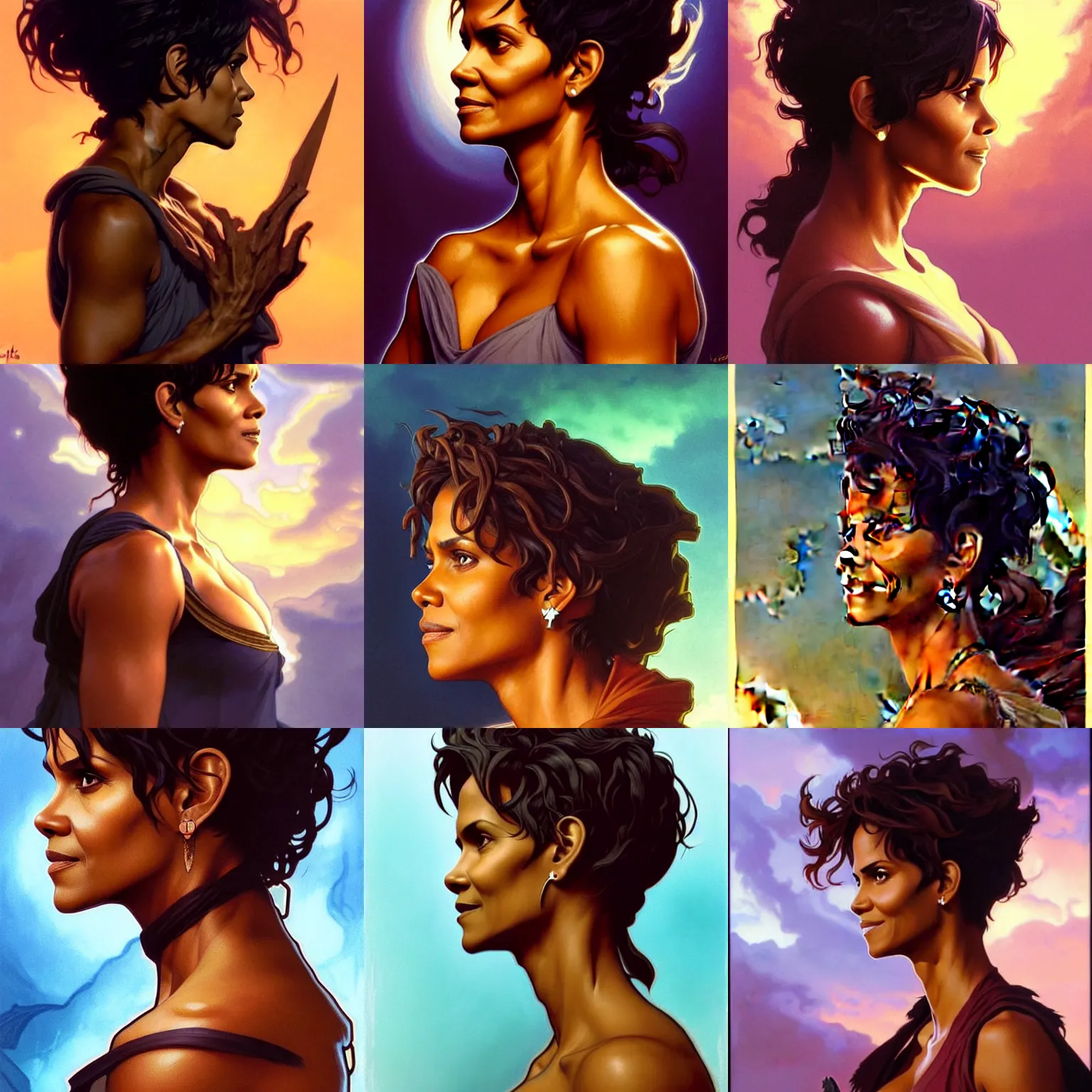 Prompt: side profile centered painted portrait, Halle Berry as a wind sorcerer, D&D, cell-shaded, matte painting concept art, bright backlit, official fanart, 4k, Pinterest, by Jesper Ejsing and Alphonse Mucha - H 704