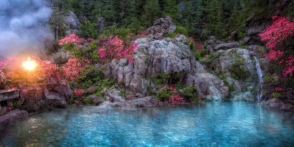 Image similar to cozy mountain hot springs hidden in a cave, lush trees and flowers, sunset, nephilim, rippling pools of water, ethereal, fantasy, James Jean, oozium, peter morbacher, ((((((((((people)))))))))), alchemy, luxury, heavenly light, Soft illumination, Trending on artstation, Cinematic Lighting, digital painting, concept art, artgerm