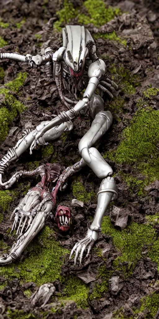 Image similar to bootleg figure of a plastic xenomorph diorama crushed on the ground surrounded of dirt and moss secondhand, mcfarlane, figma, cursed photography