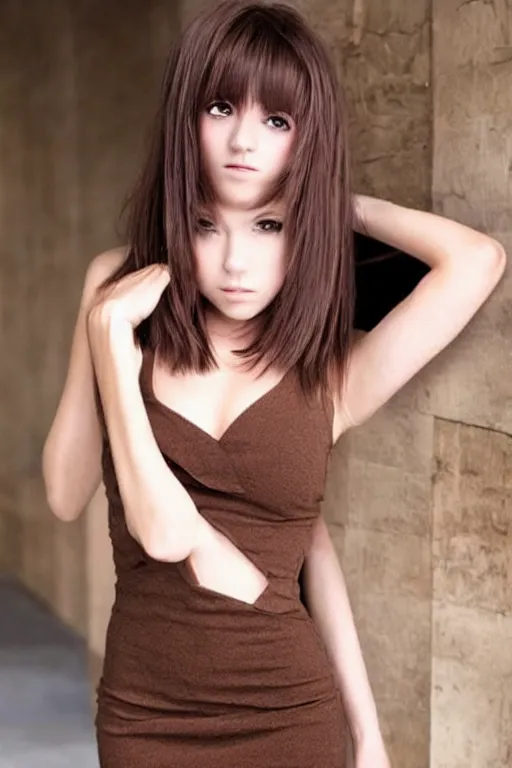 Image similar to beautiful woman with short brown hair, brown eyes, v-cut dress, anime