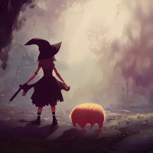 Prompt: full body portrait character concept art, anime key visual of a little witch with her capybara mascot, cinematic lighting, dramatic atmosphere, by dustin nguyen, akihiko yoshida, greg tocchini, greg rutkowski, cliff chiang, 4 k resolution, craig mullins