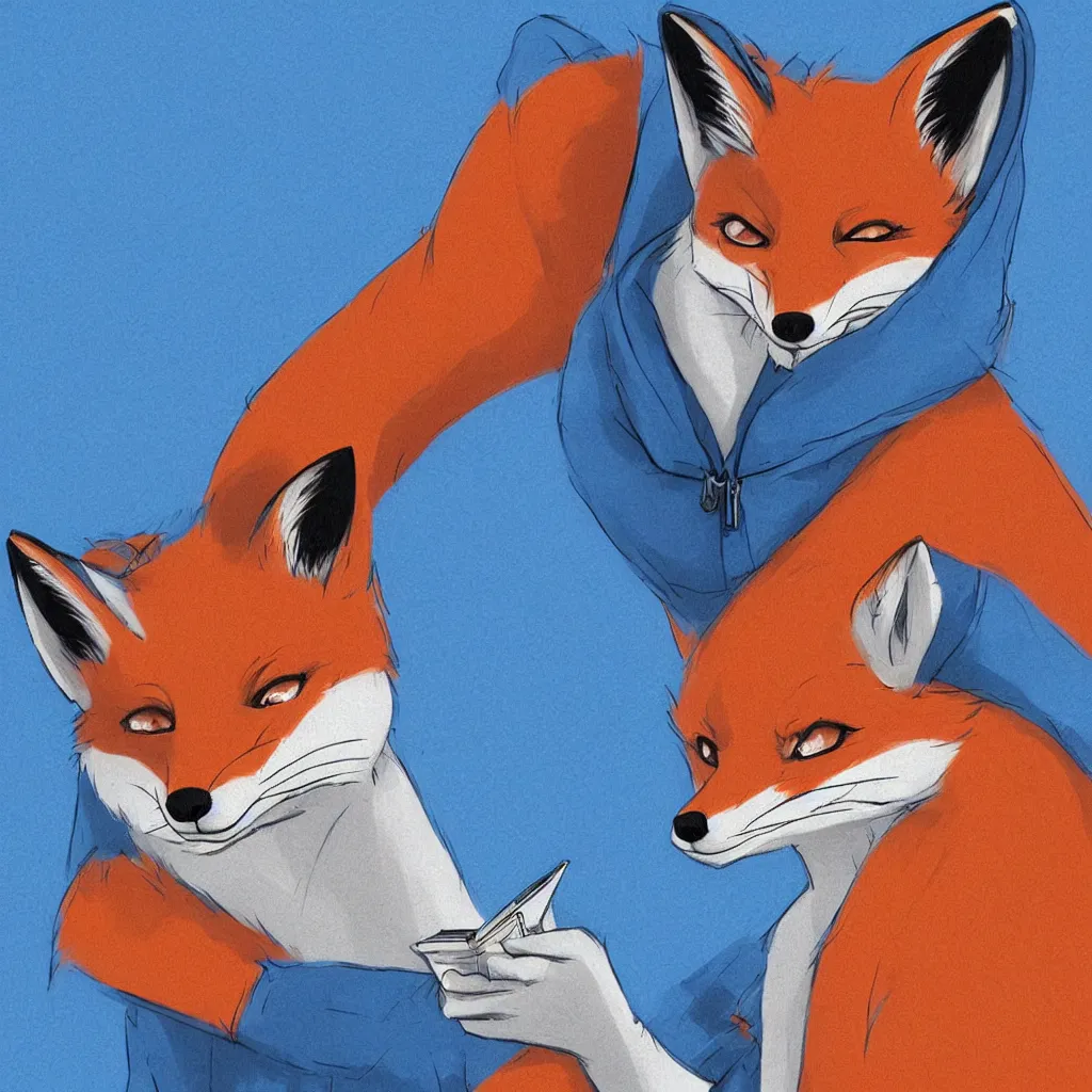 Image similar to a fox in a blue hoodie typing in a notebook, white background, concept art, anime style, digital art picture, highly detailed, artstation, detailed, award winning, colorful