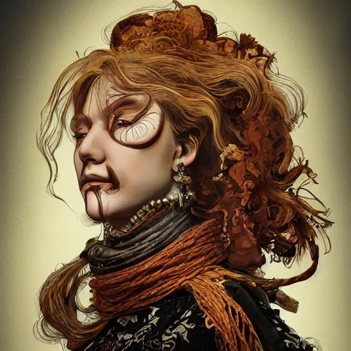 Image similar to portrait of a Shibari rope wrapped face and neck, headshot, insanely nice professional hair style, dramatic hair color, digital painting, of a old 17th century, old cyborg merchant, amber jewels, baroque, ornate clothing, scifi, realistic, hyperdetailed, chiaroscuro, concept art, art by Franz Hals and Jon Foster and Ayami Kojima and Amano and Karol Bak,