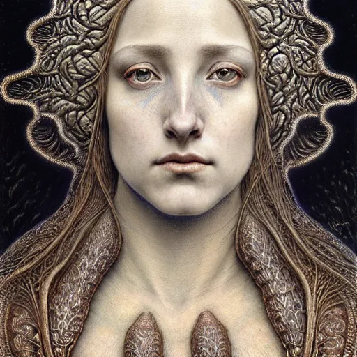 Image similar to detailed realistic beautiful young medieval queen face portrait by jean delville, gustave dore, iris van herpen and marco mazzoni, art forms of nature by ernst haeckel, art nouveau, symbolist, visionary, gothic, neo - gothic, pre - raphaelite, fractal lace, intricate alien botanicals, ai biodiversity, surreality, hyperdetailed ultrasharp octane render