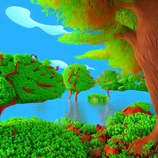 Image similar to forest of many cartoon style trees 3 d, river with an island of a cartoon medieval castle, colourful, blue sky