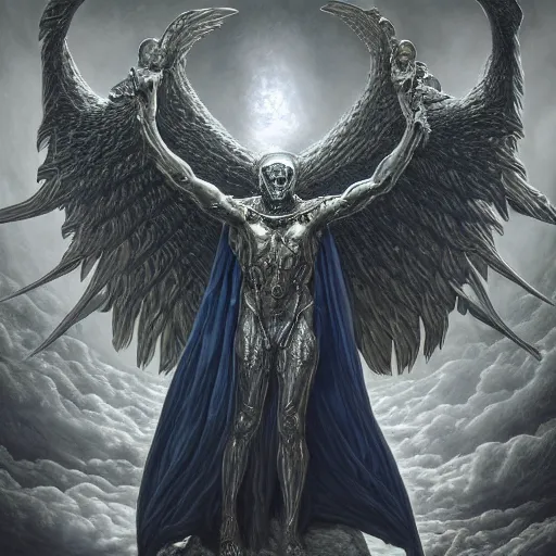 Image similar to photorealistic biblically accurate demonic alien archangel the style of michael whelan and gustave dore. hyperdetailed photorealism, 1 0 8 megapixels, amazing depth, glowing rich colors, powerful imagery, psychedelic overtones, 3 d finalrender, 3 d shading, cinematic lighting, artstation concept art