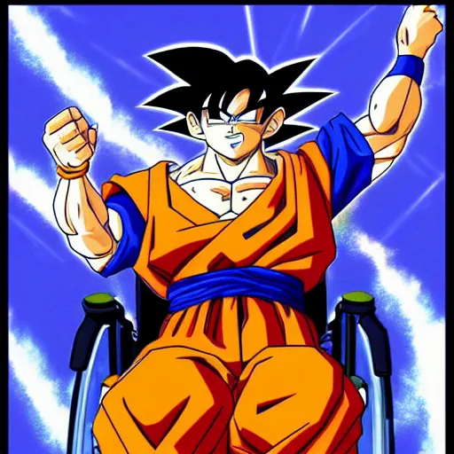 Prompt: goku in a wheel chair power over 9000 disabled