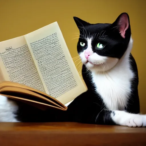 Prompt: cat in glasses reading a book