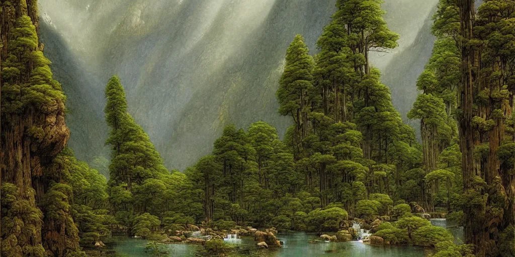 Image similar to art by john howe of the cinematic view of the jiuzhaigou valley forest