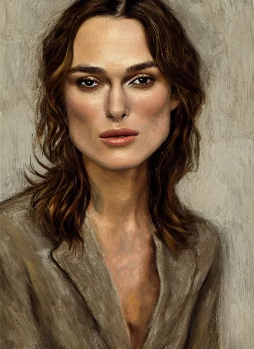 Image similar to Keira Knightley, painted by Lucian Freud, highly detailed, 8k