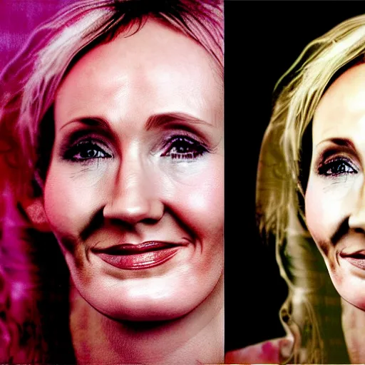 Prompt: Portrait till photograph of JK Rowling smiling in front of the transgender flag, detailed, textured, medium shot, mid-shot, trending on Artstation