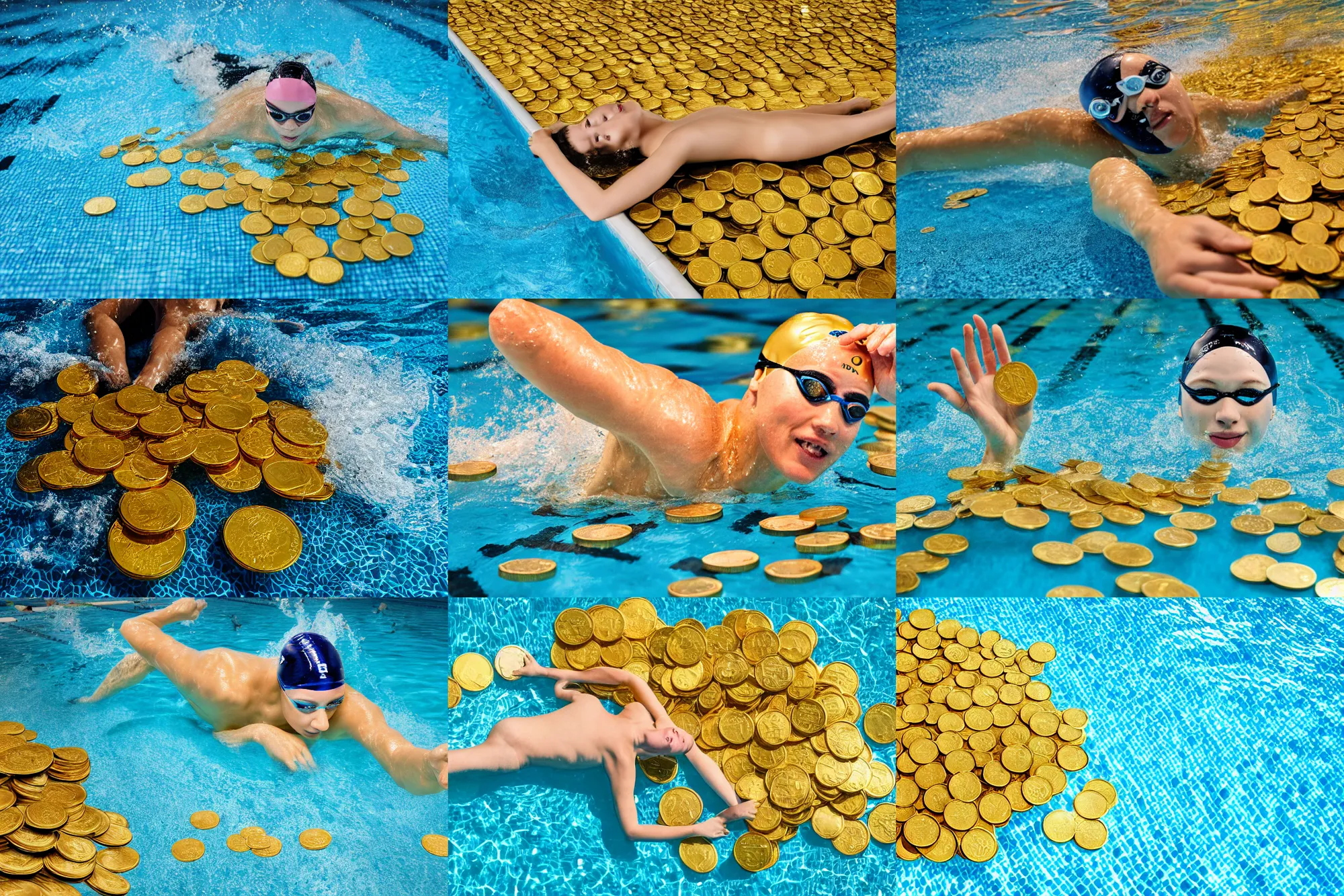 Prompt: a professional swimmer swimming in a pool filled with only gold coins, realistic, 4 k, photograph