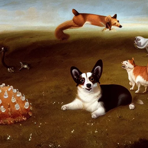 Image similar to oil painting by george stubbs of a brown and white corgi dog, a black, brown and white corgi dog, and a giant squid playing happily together in a meadow.