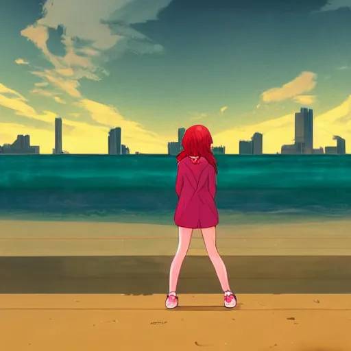Prompt: lonely young woman with red hair, magenta coat, and light blue pants ; wandering a beach at sunset with a city skyline on the horizon, digital painting, anime inspired, warm lighting, swimming pool in foreground