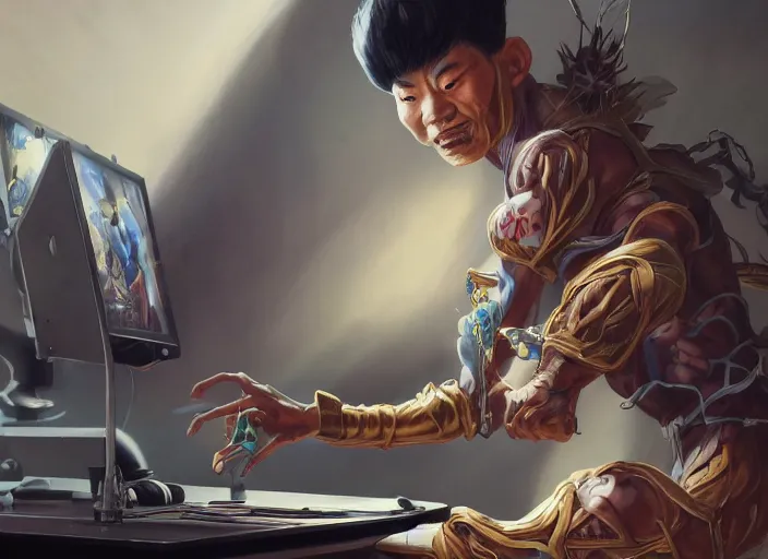 Image similar to an insanely detailed painting of an asian man wearing a homemade superhero costume, sitting at a desk, staring seriously at the computer and typing, in the style of peter mohrbacher, james jean, artgerm, dramatic lighting and composition, surreal background, octane render, pixar, trending on artstation, concept art, comic book, view from behind, 8 k