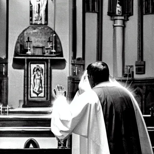 Prompt: alien praying to god in church where priest pours holy water on him, top secret style, realistic photo, 1 9 7 0 s, color