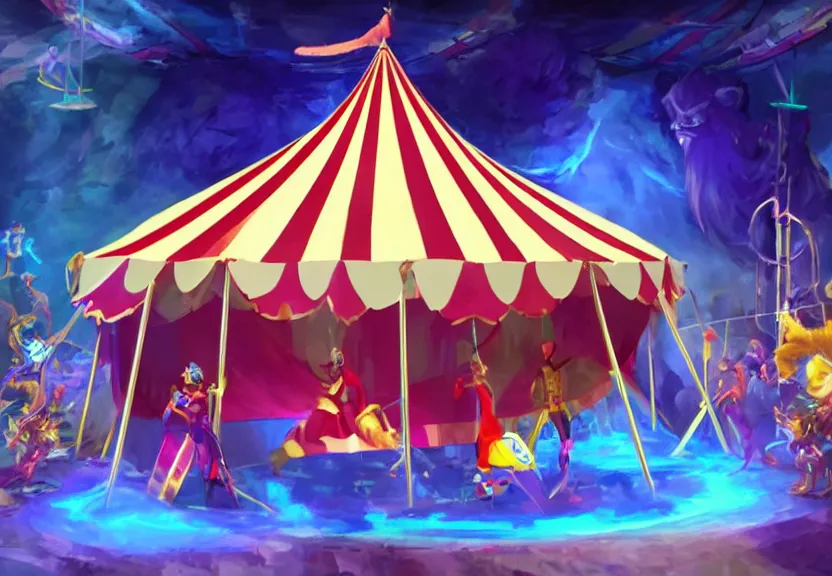 Image similar to a circus tent in an evil carnival in the style of league of legends
