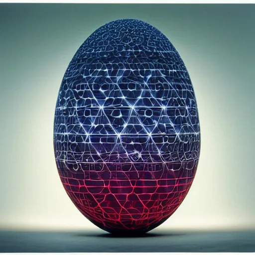 Prompt: annie liebowitz portrait of a plasma energy tron dinosaur egg in the shape of a random geometric shape, made up of spiral glowing electric plates and patterns. cinestill